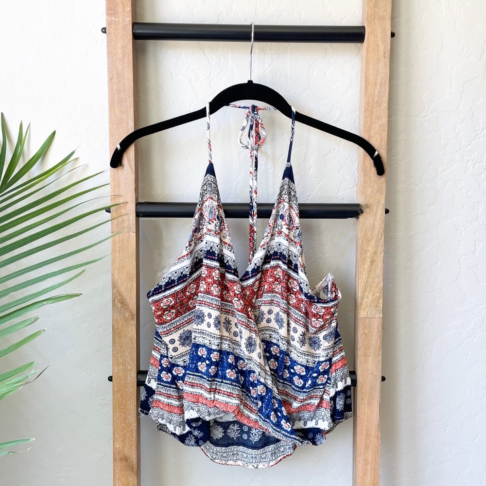 Stella Laguna Beach Coastal Mixed Print Boho Halter Tie Crop Top